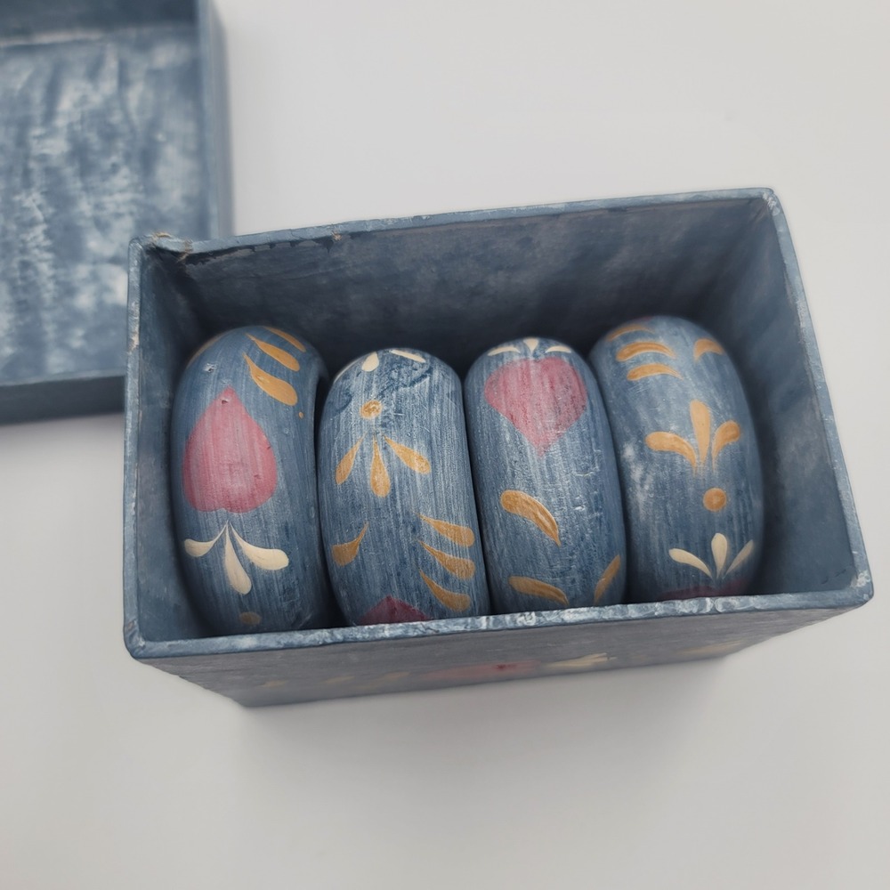 Cottagecore Hand Painted Wood Napkin Ring Set of 4 with Box Blue Folk Art Heart